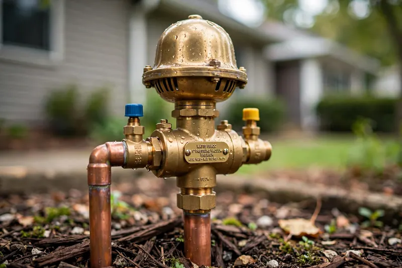 Pressure vacuum breaker assembly on copper pipe in a garden bed