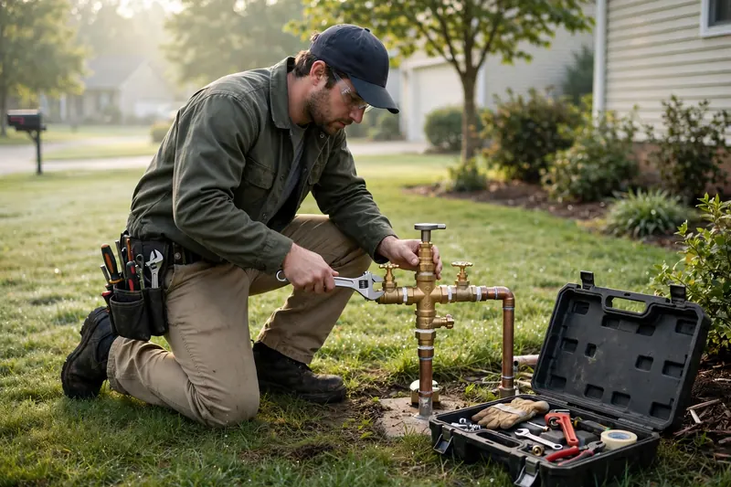 Technician with a test kit beside an outdoor backflow preventer