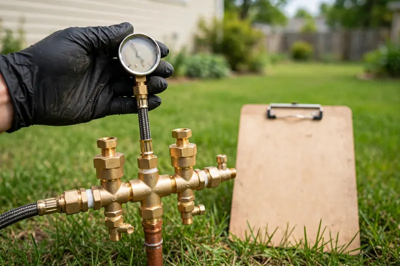 Technician reviewing test results at an outdoor backflow assembly