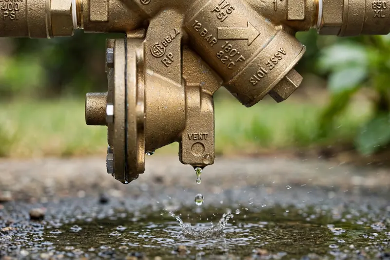 Water dripping from the relief valve of an outdoor backflow assembly