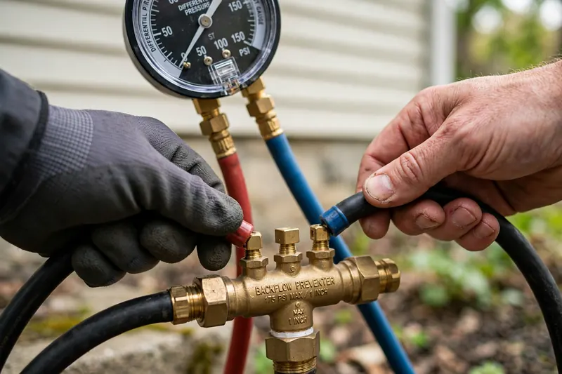 Hands attaching a differential-pressure gauge to a backflow assembly