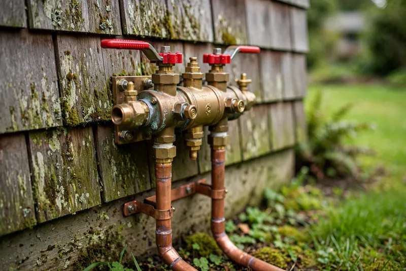 Brass backflow preventer on the exterior wall of a Lake Stevens home