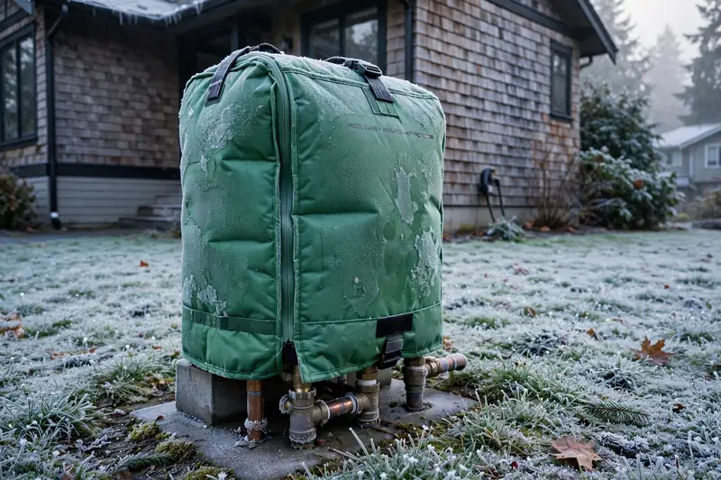 Backflow preventer in an insulated cover on a frosty morning
