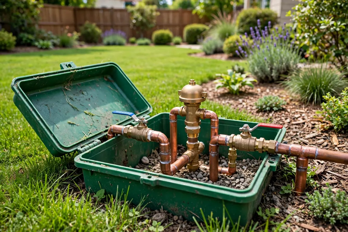 Backflow preventer assembly inside a residential irrigation valve box